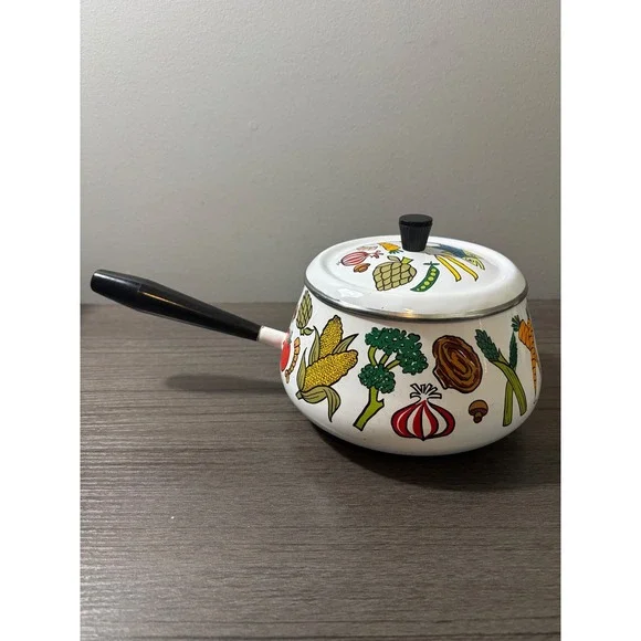 VTG MCM San Ignacio Enamelware Fondue Pot Colorful Seafood & Vegetable Motif - Picture 3 of 8